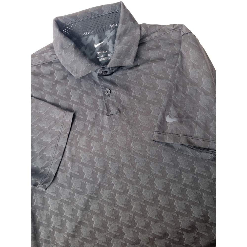 Nike Golf Dri-FIT Polo Shirt Mens Small Black Charcoal Houndstooth Geometric